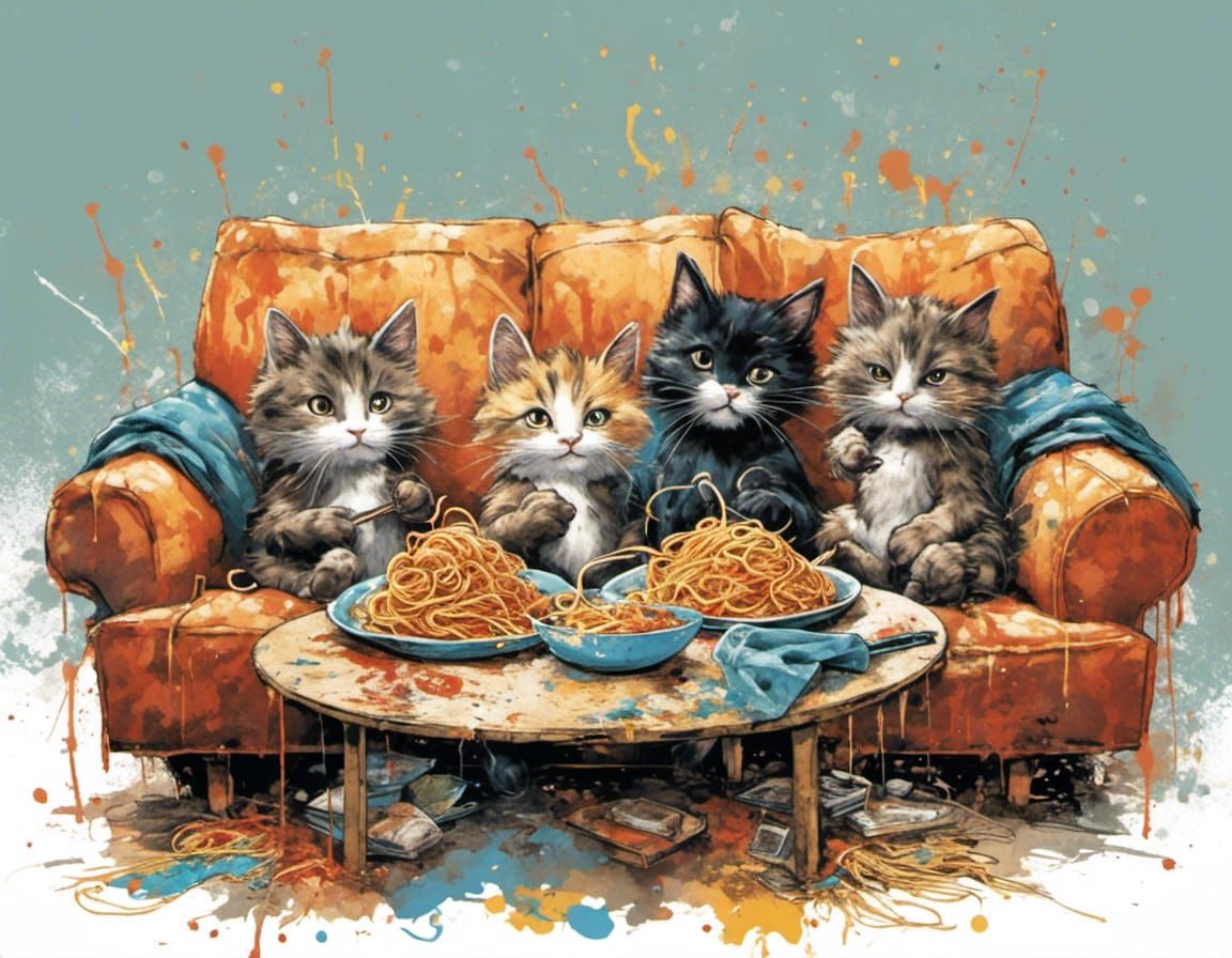 Cats Watching TV in Splatter Graffiti Style