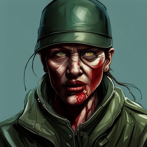 Zombie Woman Soldier in Hyperrealistic Splash Art