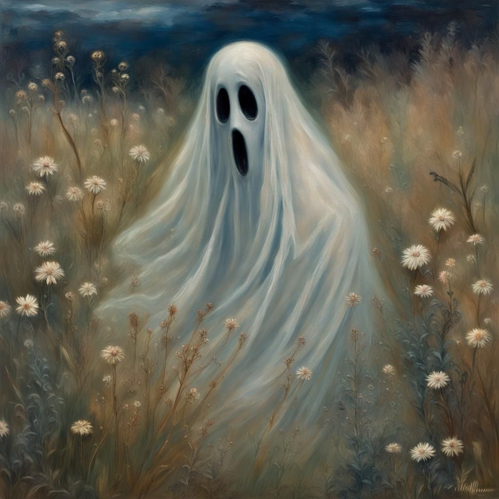 Ethereal Ghost in Autumn Meadow, Victorian Oil Painting