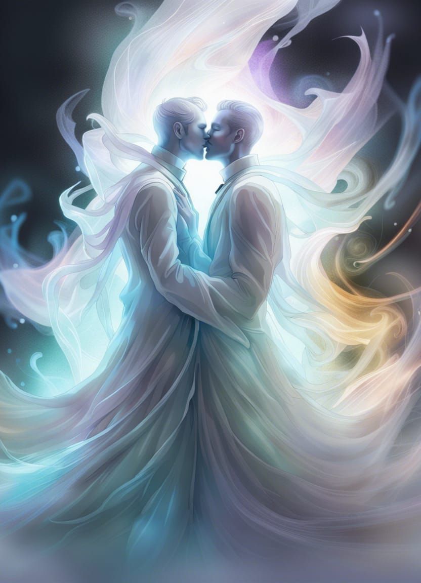 Gay Ghost Men Kissing in Alphonse Mucha Style