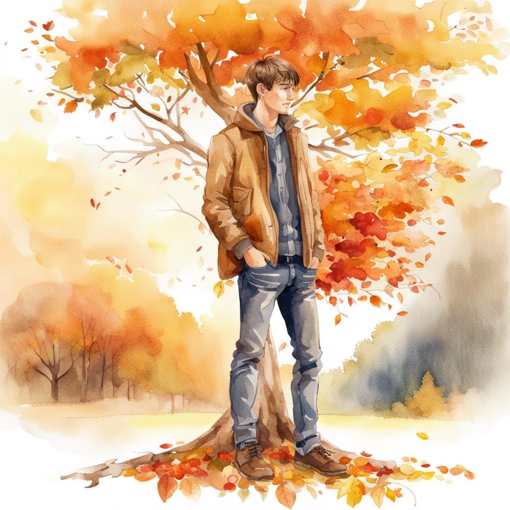 Watercolor Illustration of Young Man Under Autumn Tree