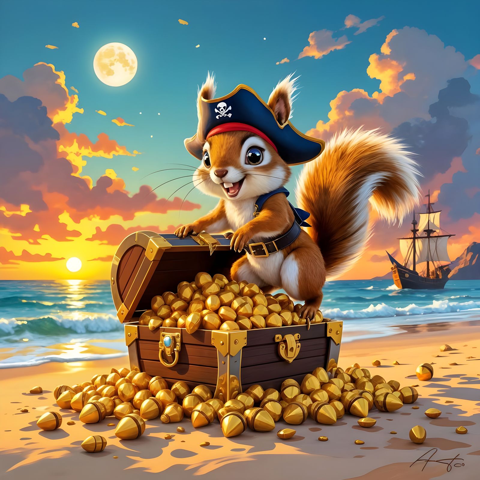 Happy Pirate Squirrel Discovers Acorn Treasure Chest