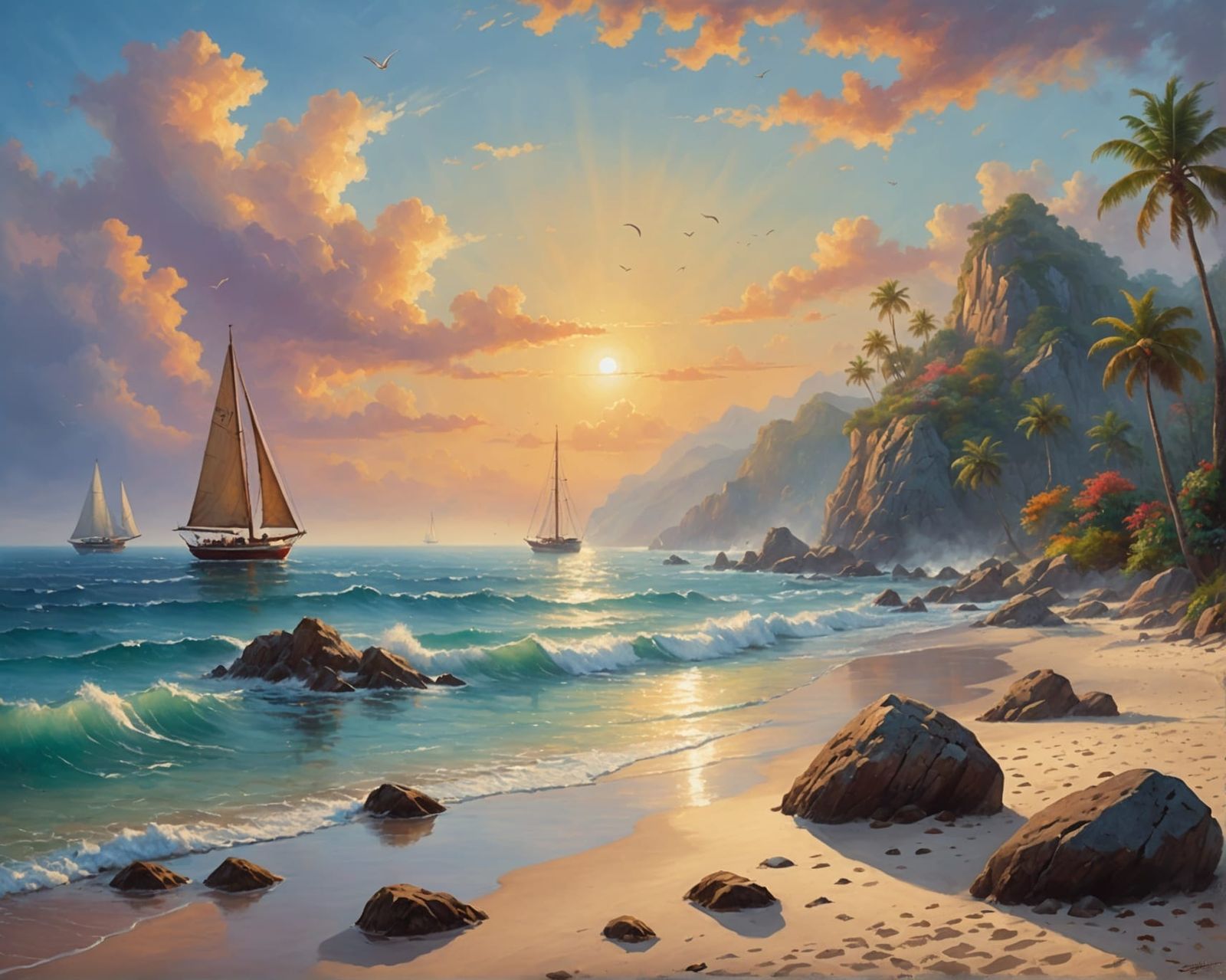 Tropical Beach Fire at Sunset: Oil Painting