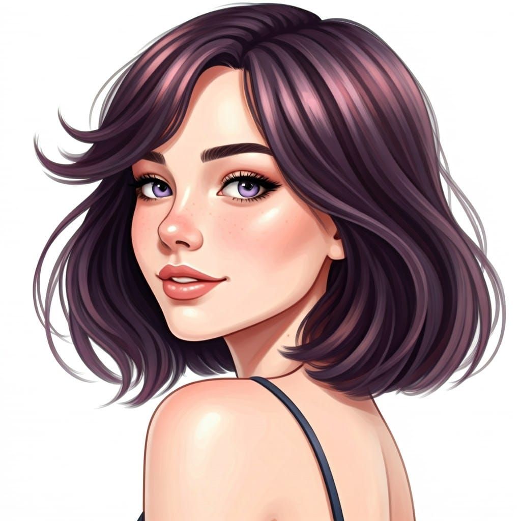 Ethereal Woman with Plum Hair in Watercolor Style