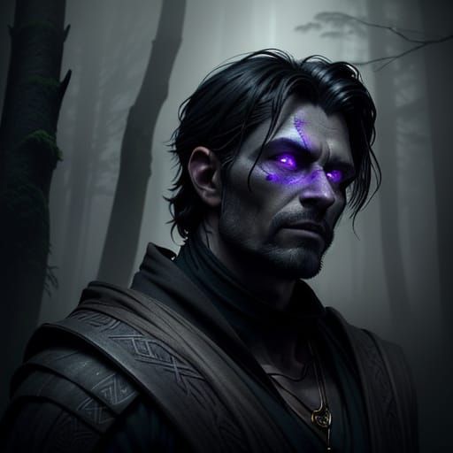 Mysterious Figure in Misty Forest with Glowing Runes