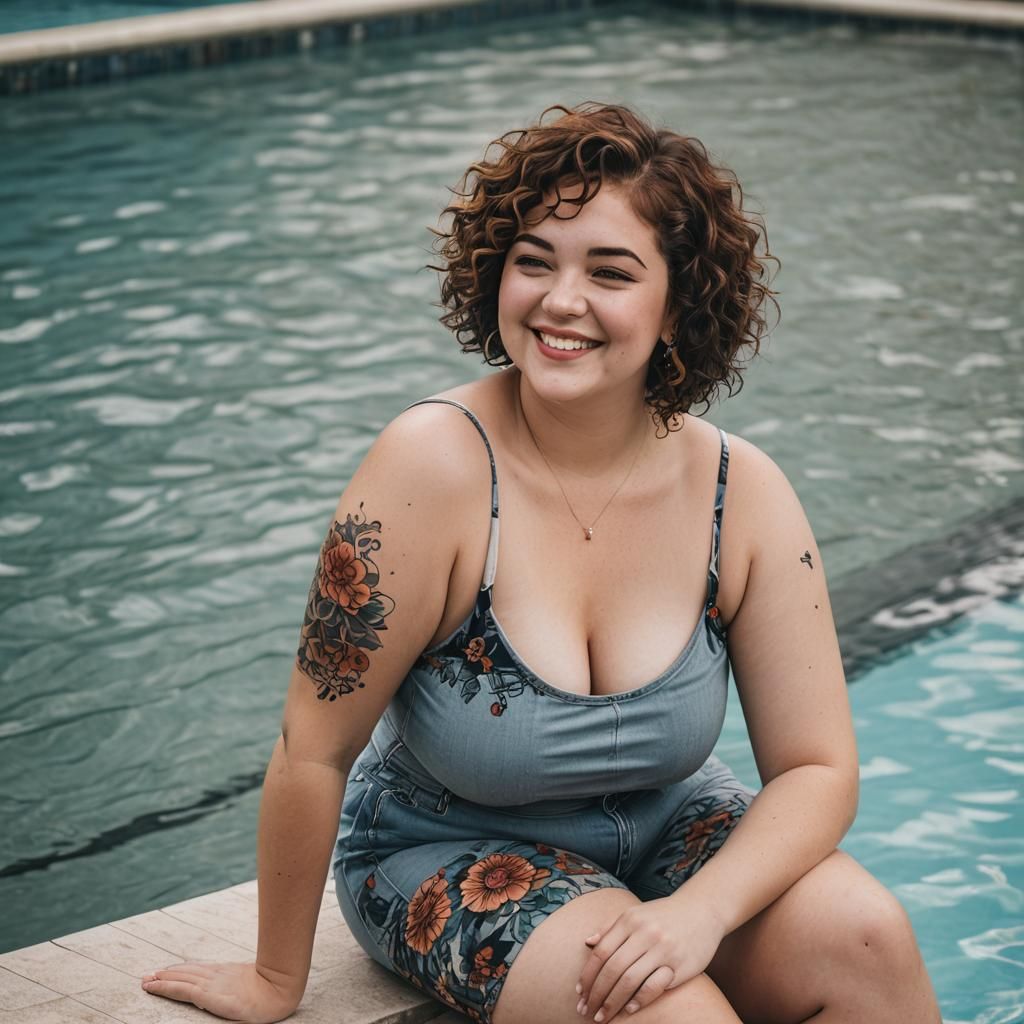 Smiling Girl with Tattoo by Swimming Pool