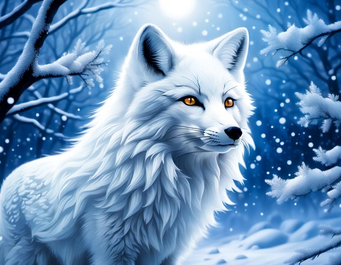 Mystical Winter Night Scene with White Fox