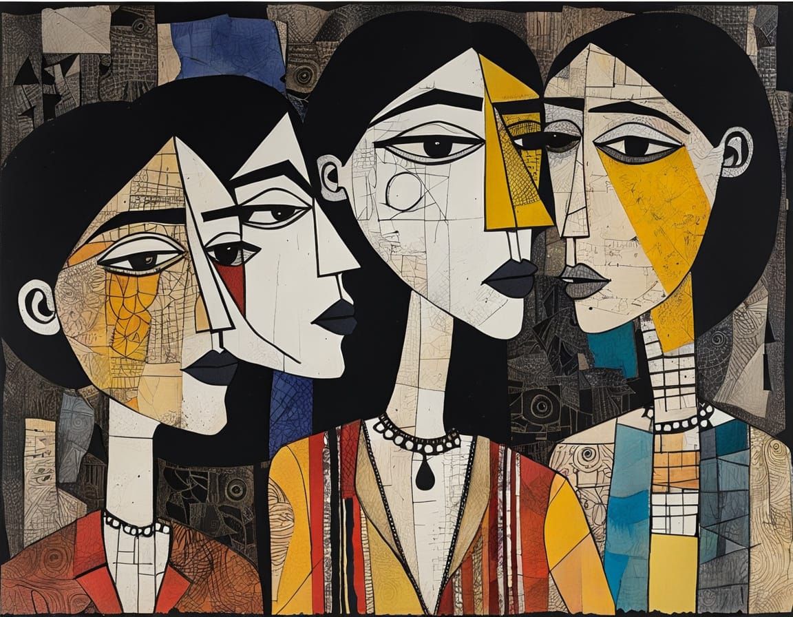 Girls in Vibrant, Mixed Media Artwork with 3D Elements