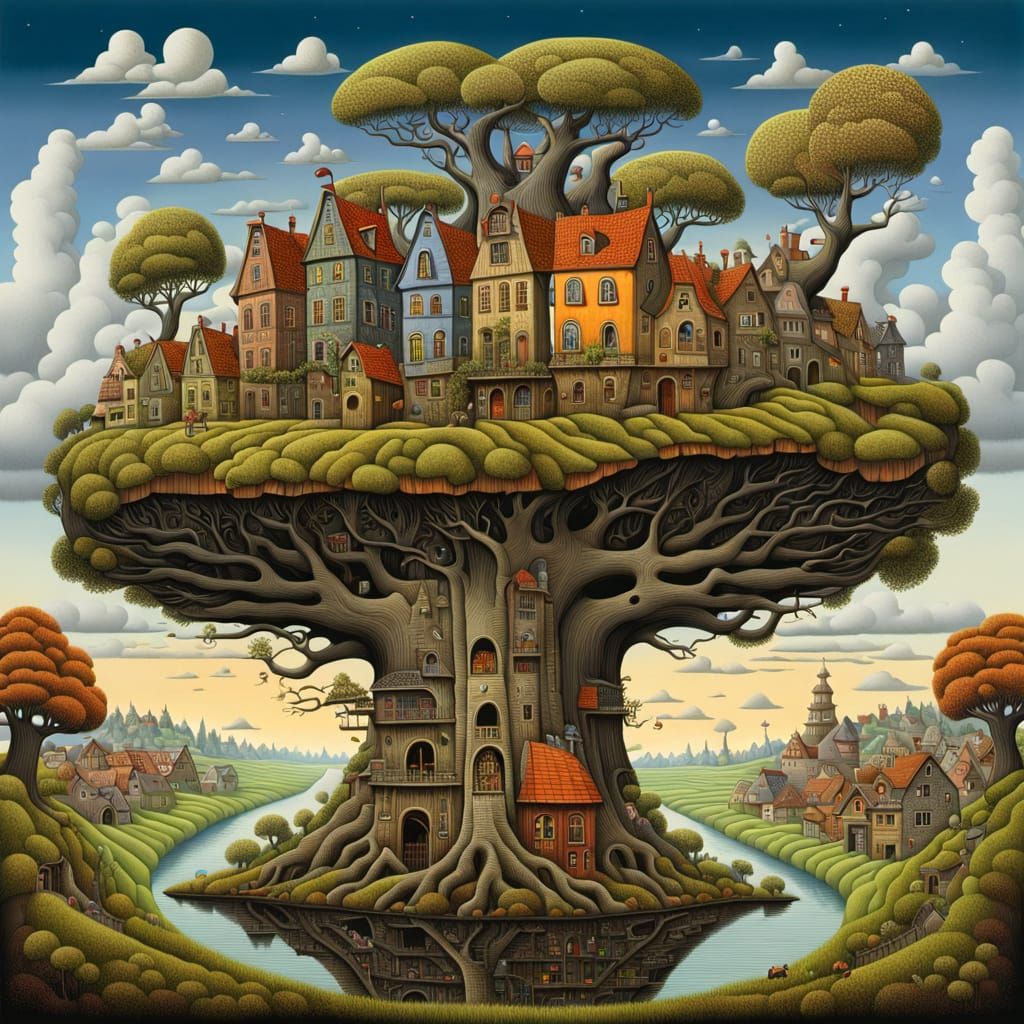 Surreal Town Built Into Tree, Yerka-Inspired Landscape
