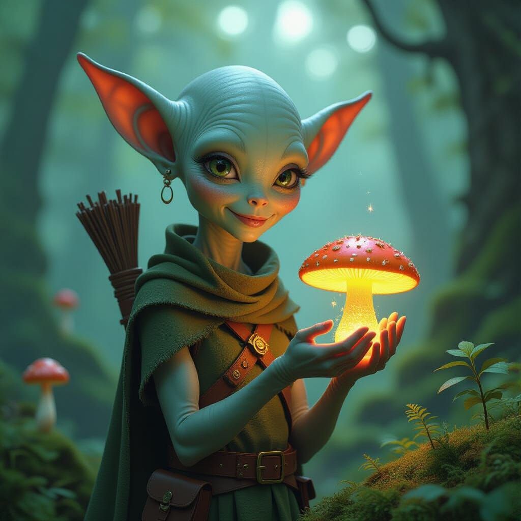 Alien-Elf Hybrid Grasping Glowing Mushroom in Forest