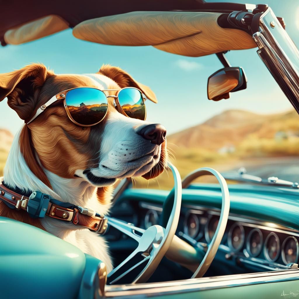 Dog Drives Convertible in Digital Illustration
