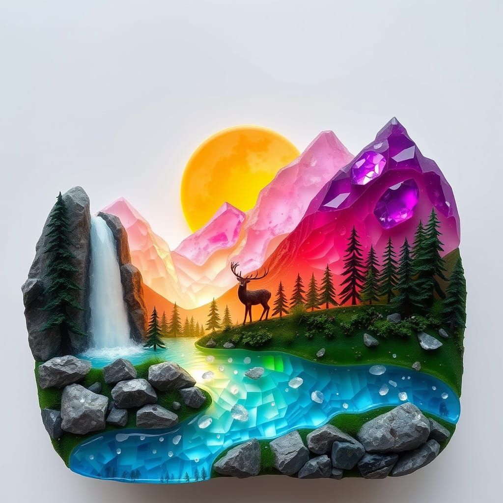 Gemstone Landscape Masterpiece with Waterfalls and a Deer