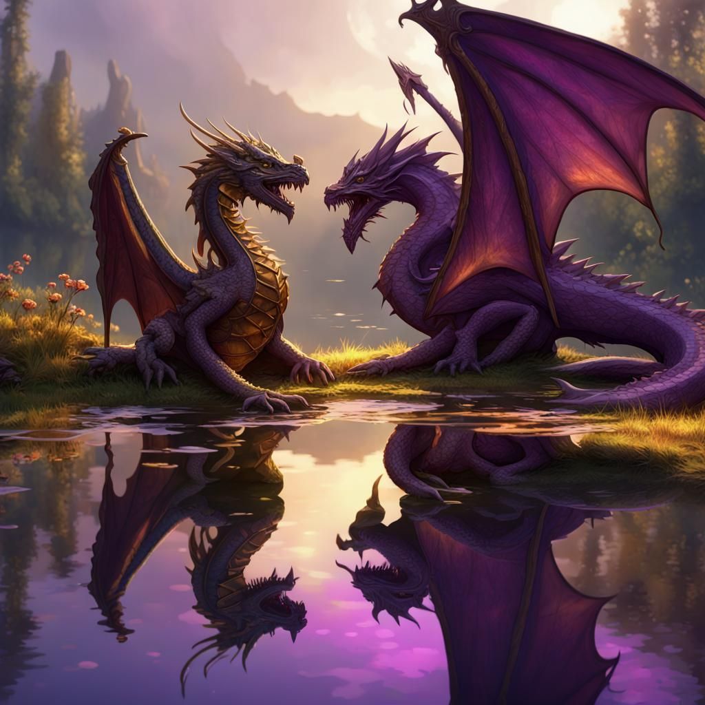 Bronze Dragon and Elf Reflect in Pond
