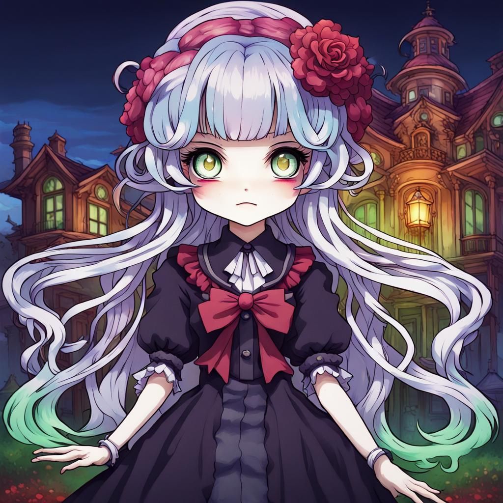 Chibi Malevolent Woman in Haunted Mansion, Anime Style