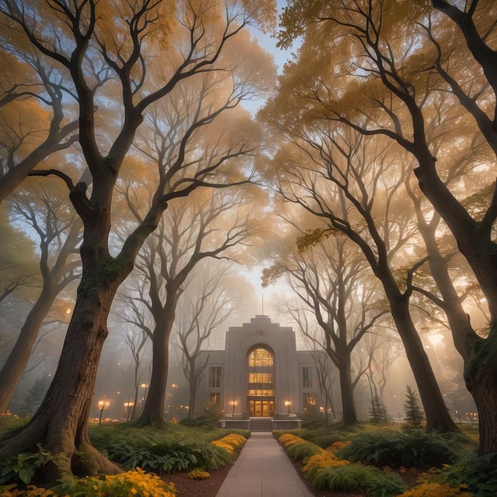 Ethereal Mist Surrounds Mayo Clinic in Golden Light