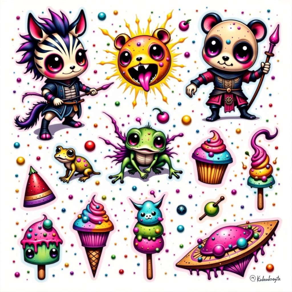 Vibrant Flash Tattoo Sheet with Whimsical Designs