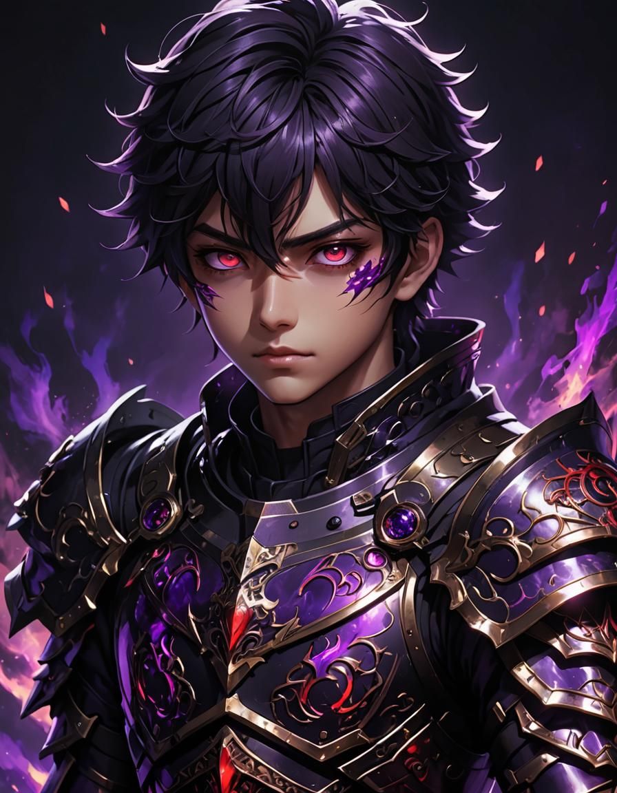 Anime Boy in Black Armor with Purple Aura