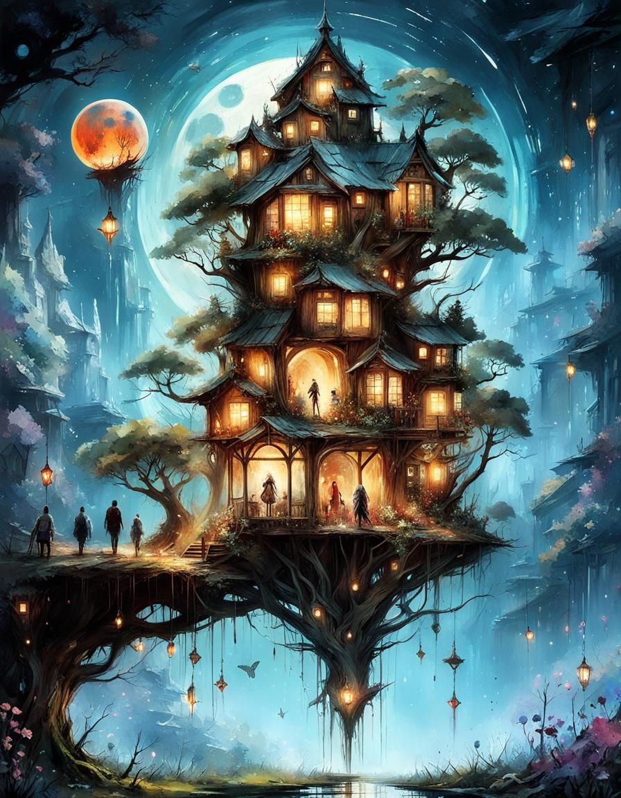 Fantasy Landscape Portal with Yggdrasil Treehouse Village