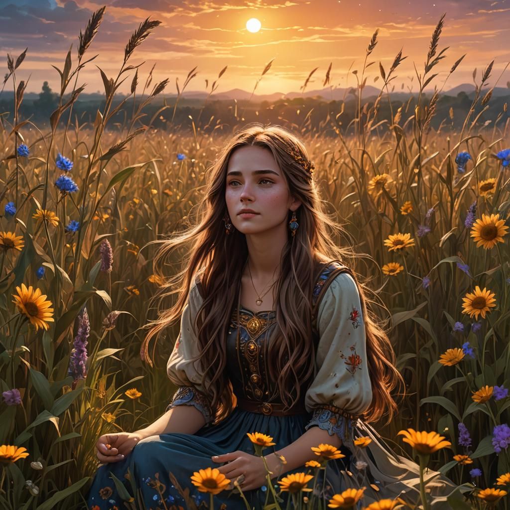 Girl in Wheat Field at Sunset: Fantasy Art