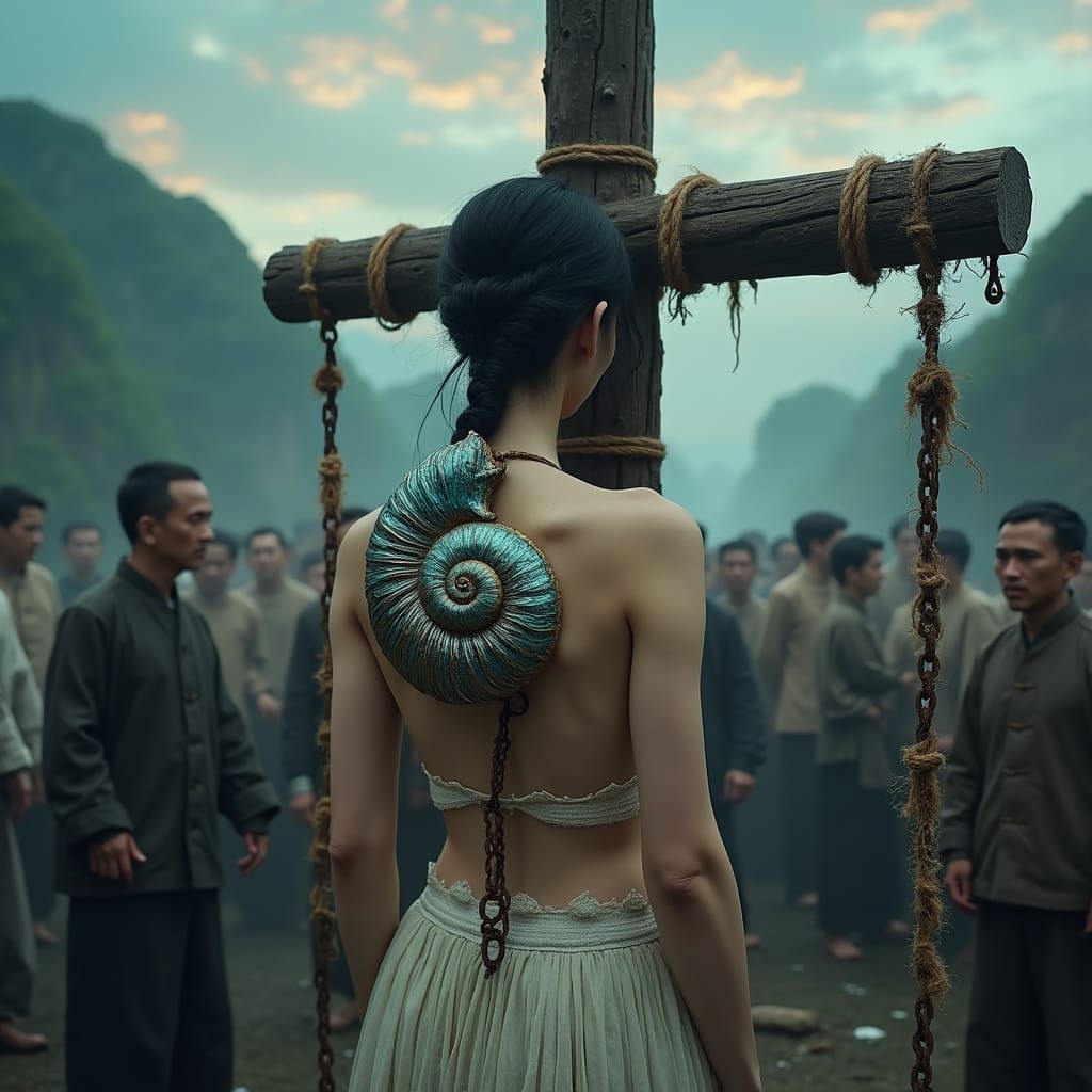 Woman with Snail Shell in Dark Fantasy Landscape