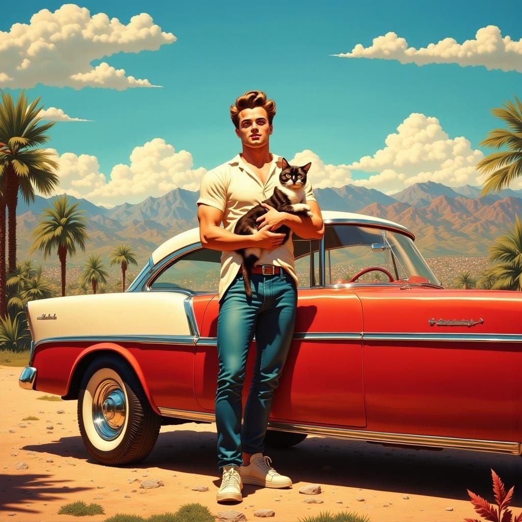 Man with Cat and Classic Car in Matte Painting Style