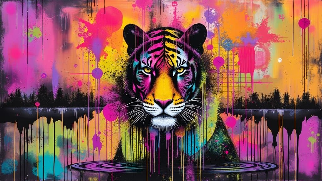 Abstract Watercolor Painting with Multicolored Ink Drips and...