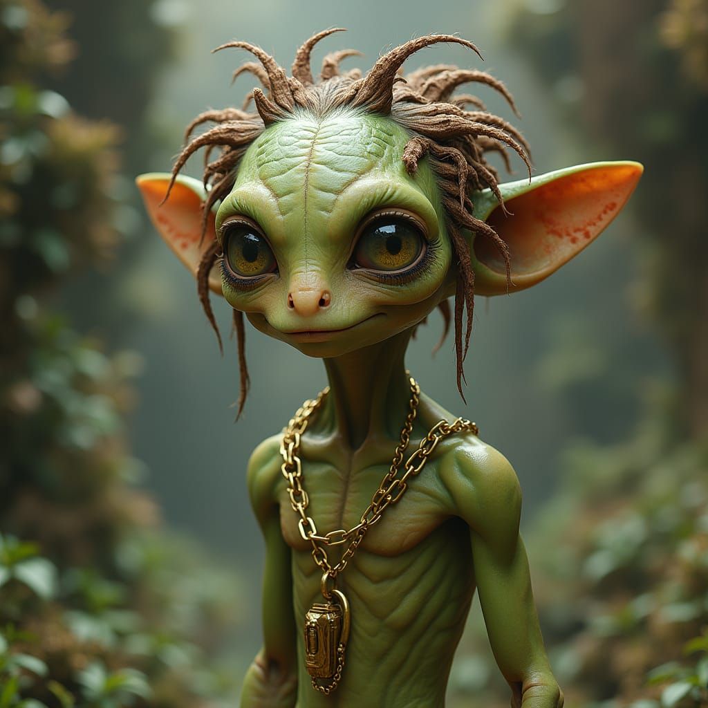 Moss-Green Alien with Gold Chain in Sci-Fi Scene