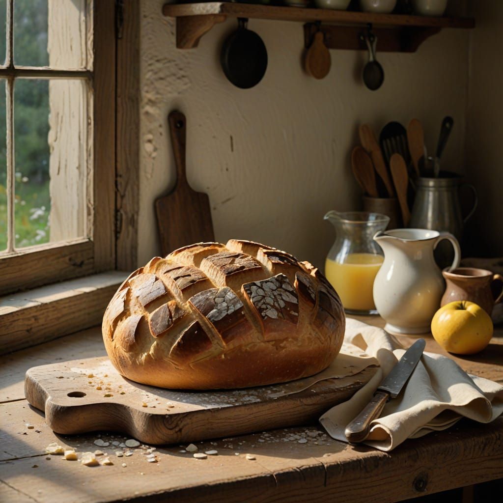 Rustic Sourdough Bread on Wooden Butcher Block Table