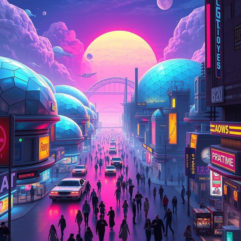 Dazzling Retro-Futuristic Utopia with Iridescent Domes and H...