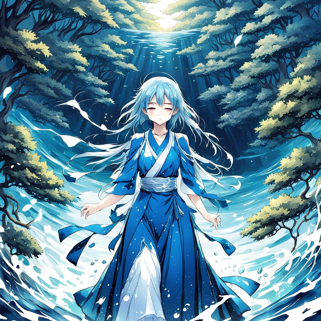 Ocean Dress Girl Crying Forest Tears: Anime Art