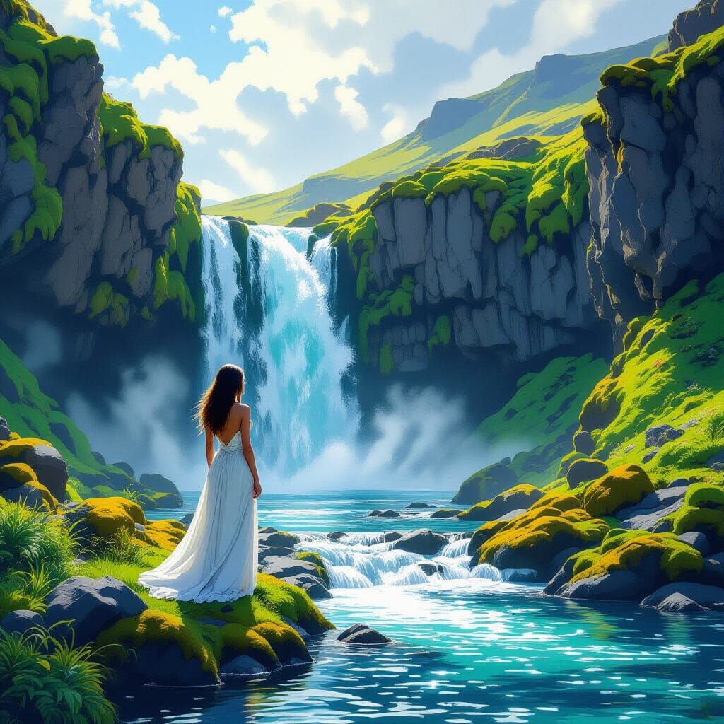 Iceland Waterfall Scene in Digital Painting Style