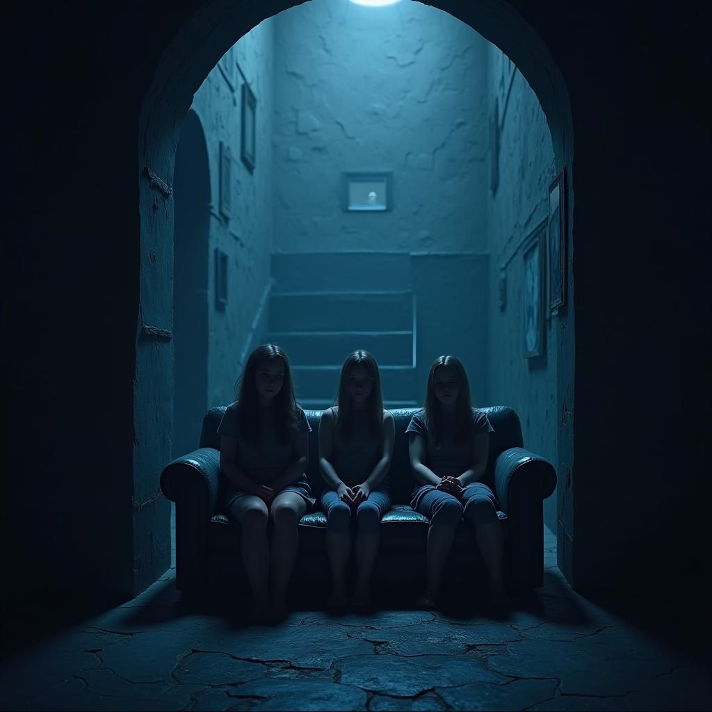 Girls Scared in Dark Castle Hall: Fantasy Concept Art