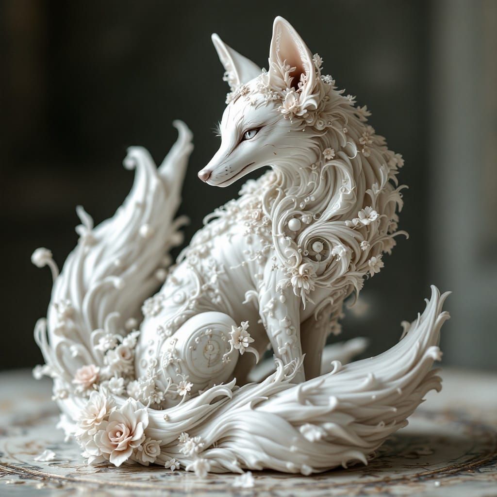 Surreal Porcelain Fox Automaton in Art Nouveau Style