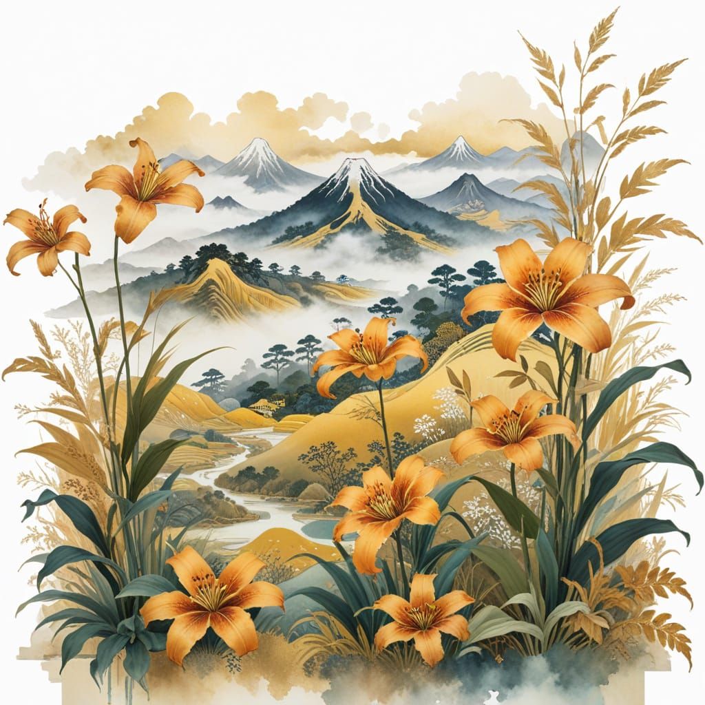 Golden Rice Terraces in Autumn Mist with Ink-Wash Background