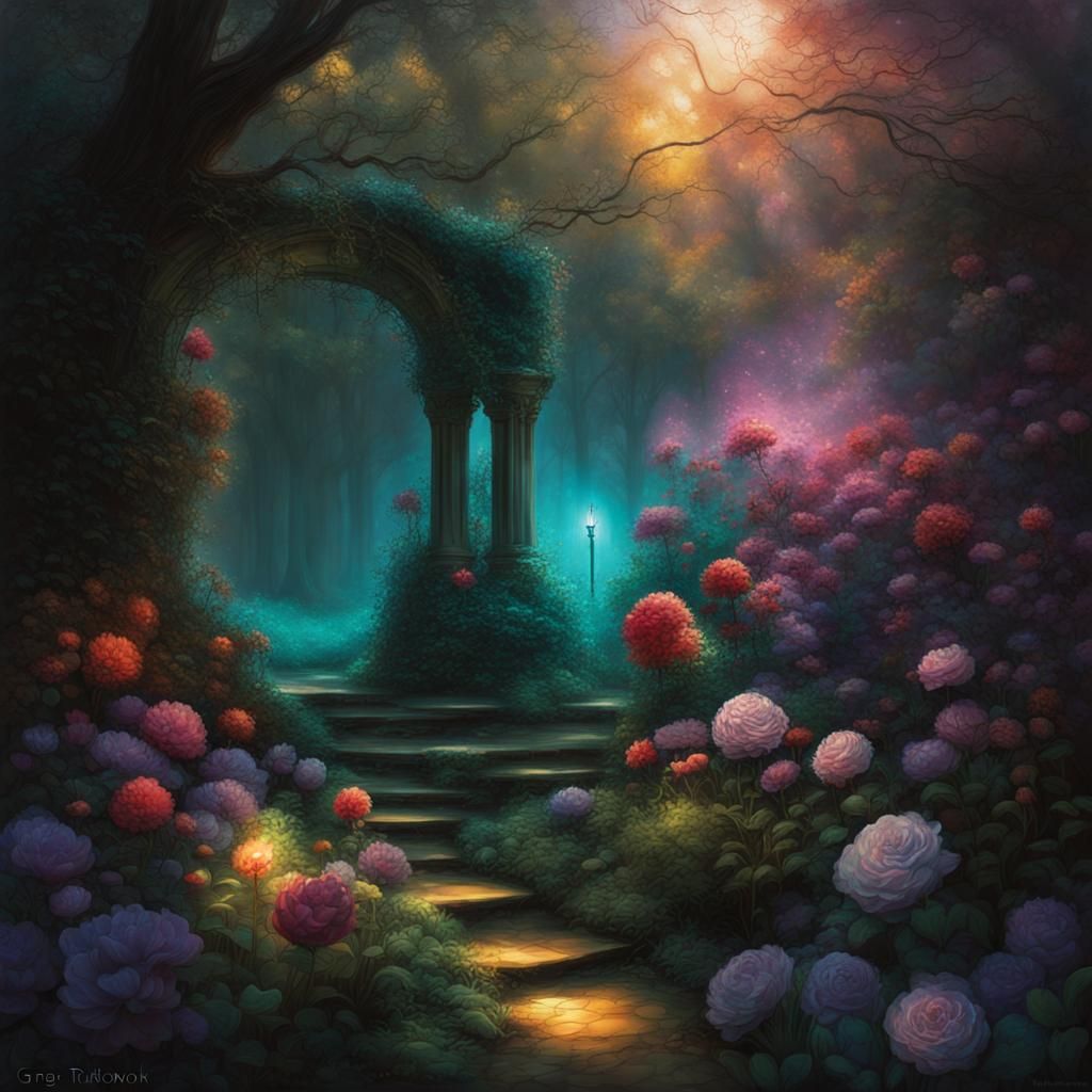 Mysterious Garden with Ethereal Glowing Light