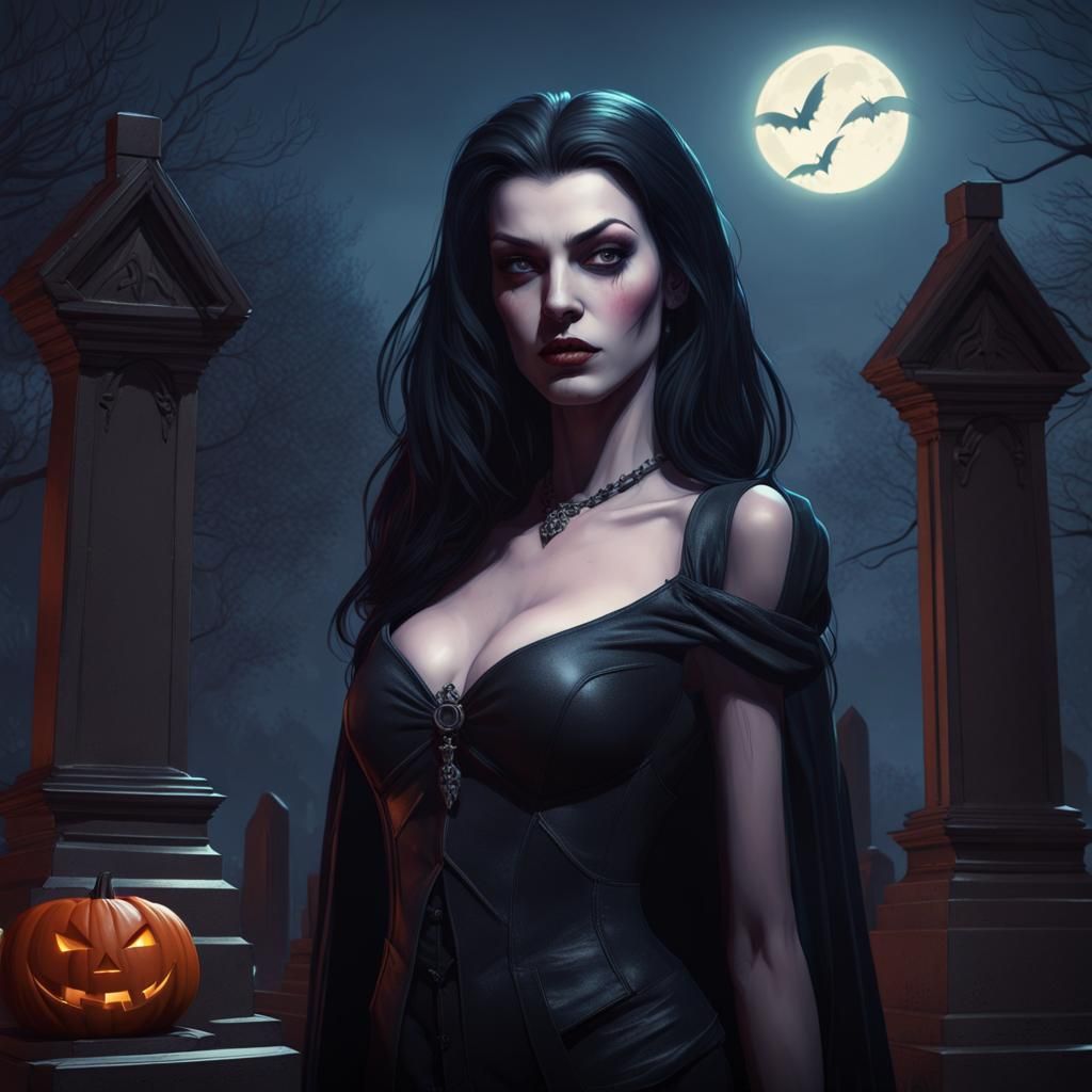 Vampira Portrait in Graveyard, Hyperdetailed Halloween Art