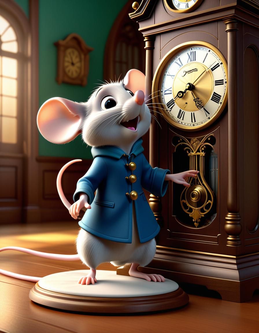 Mouse Climbs Clock: Photorealistic 3D Art
