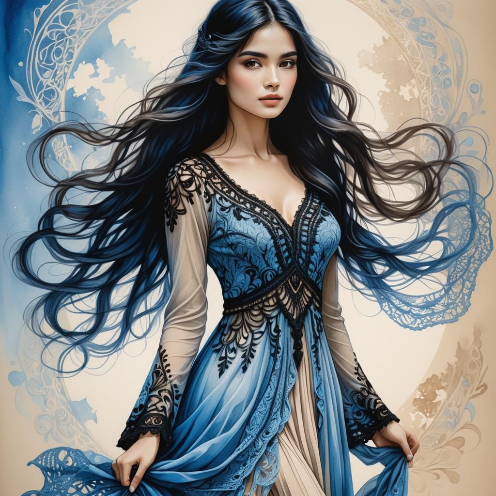 Ethereal Beauty: Elegant Female Portrait in Color Ink