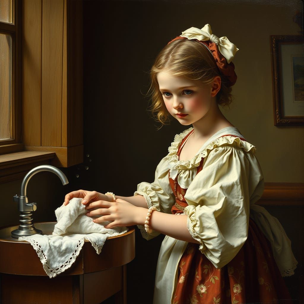 Young Housemaid in 19th Century Laundry Scene