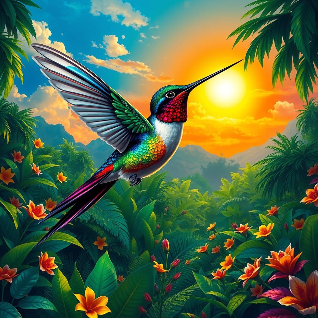 Dynamic Hummingbird Soars Amidst Vibrant Jungle Landscape
