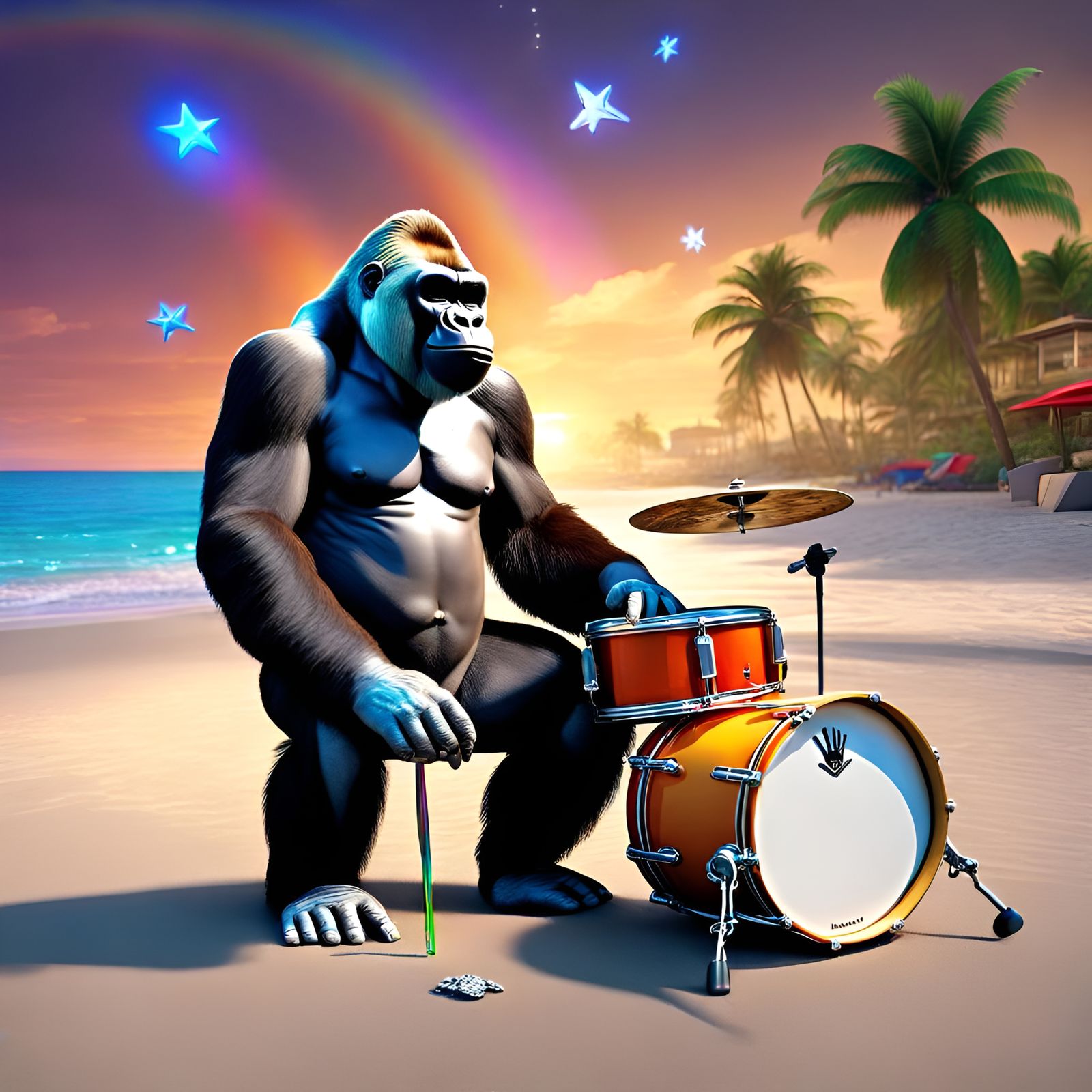 Rocking Out  Gorilla Playing Drums On Beach Near Mansions