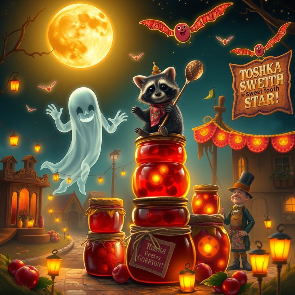 Whimsical Magical Realism Scene: Raccoon, Jam Jars, and Ghos...