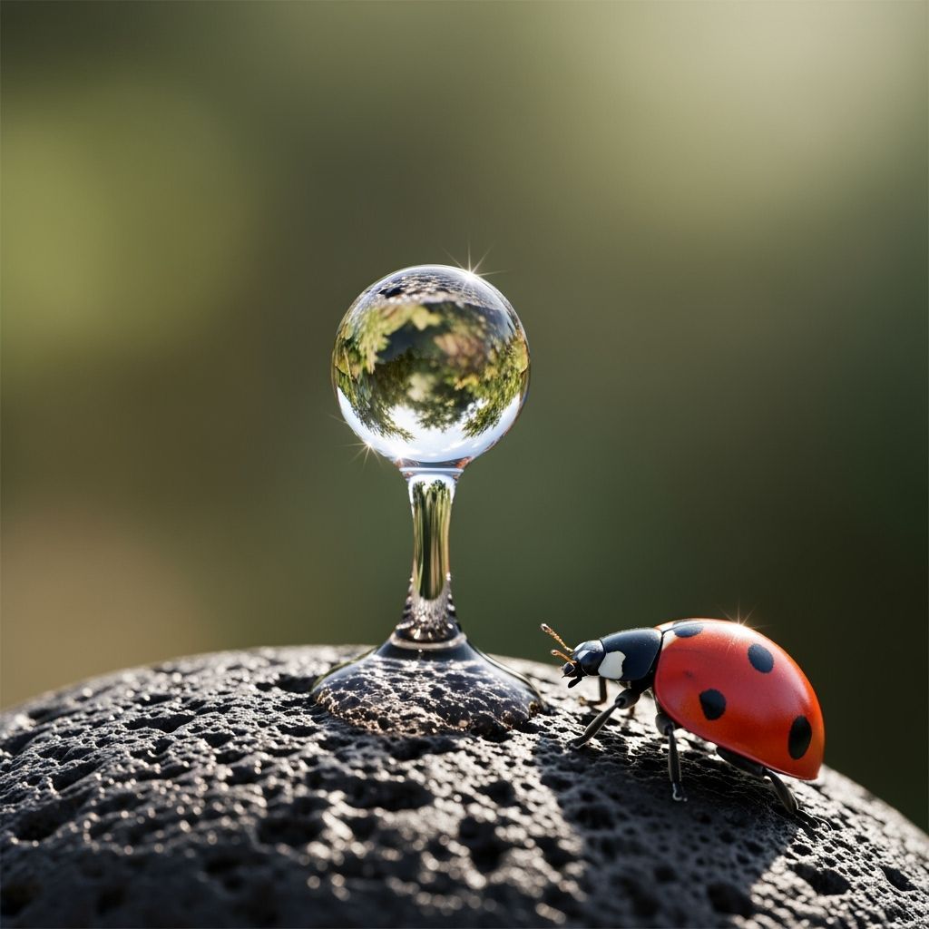 Macro Photo of Ladybug & Water Droplet on Volcanic Stone