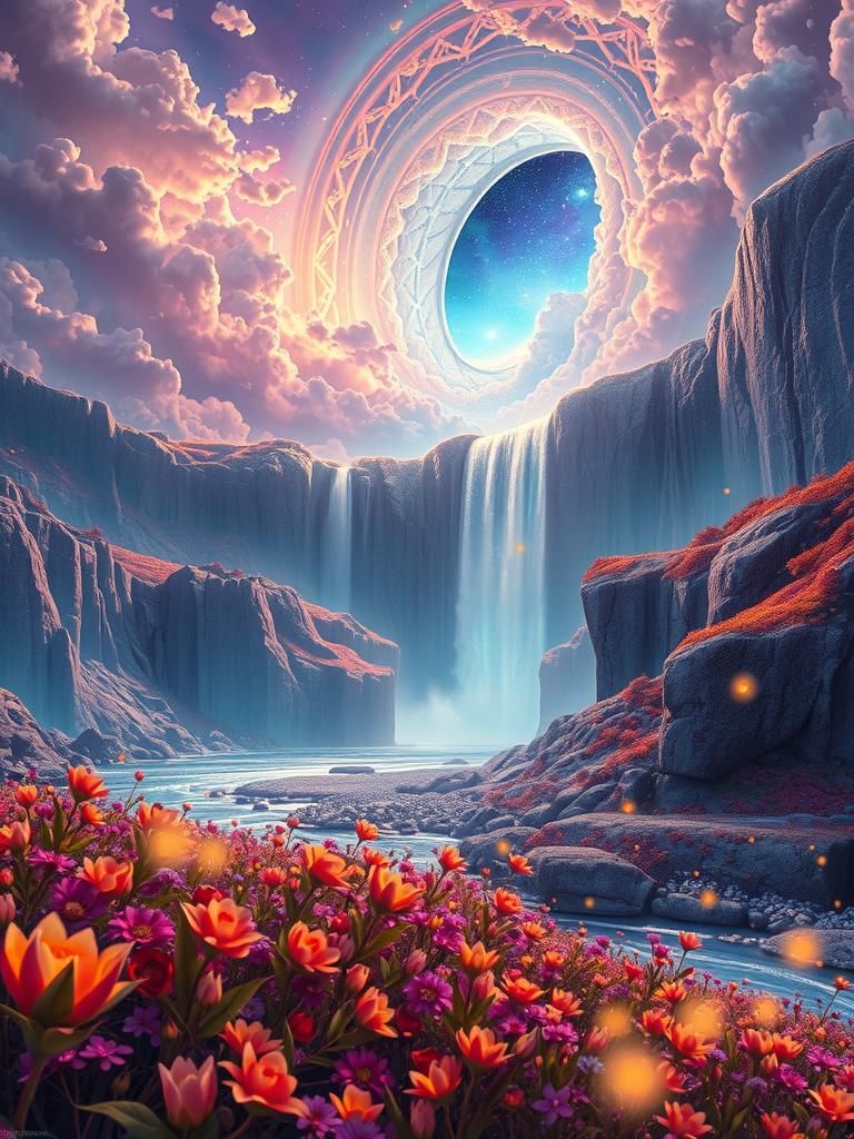 Holographic Astral Landscape in Mixed Media Illustration