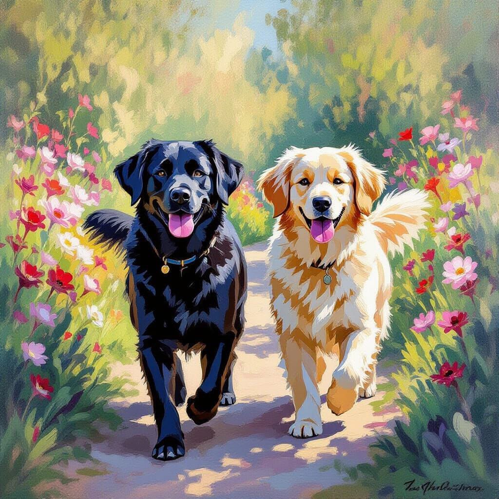 Two Dogs Strolling Through a Monet-Inspired Garden