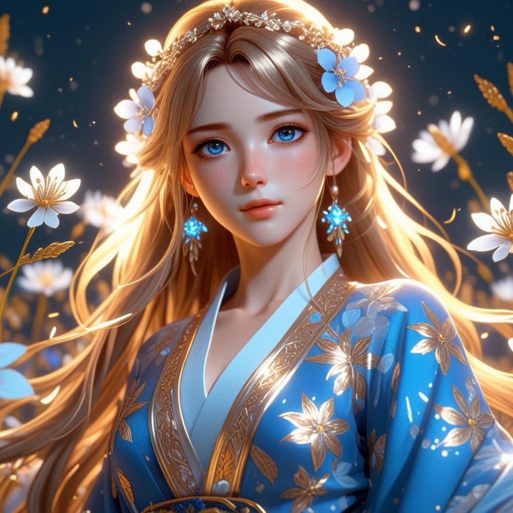 Radiant Goddess with Golden Hair in Anime Style
