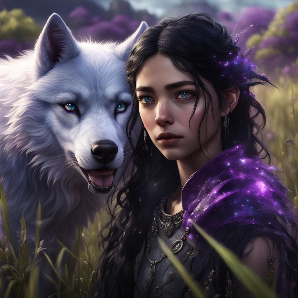Wolf-Girl Hybrid in Field: Detailed Matte Painting