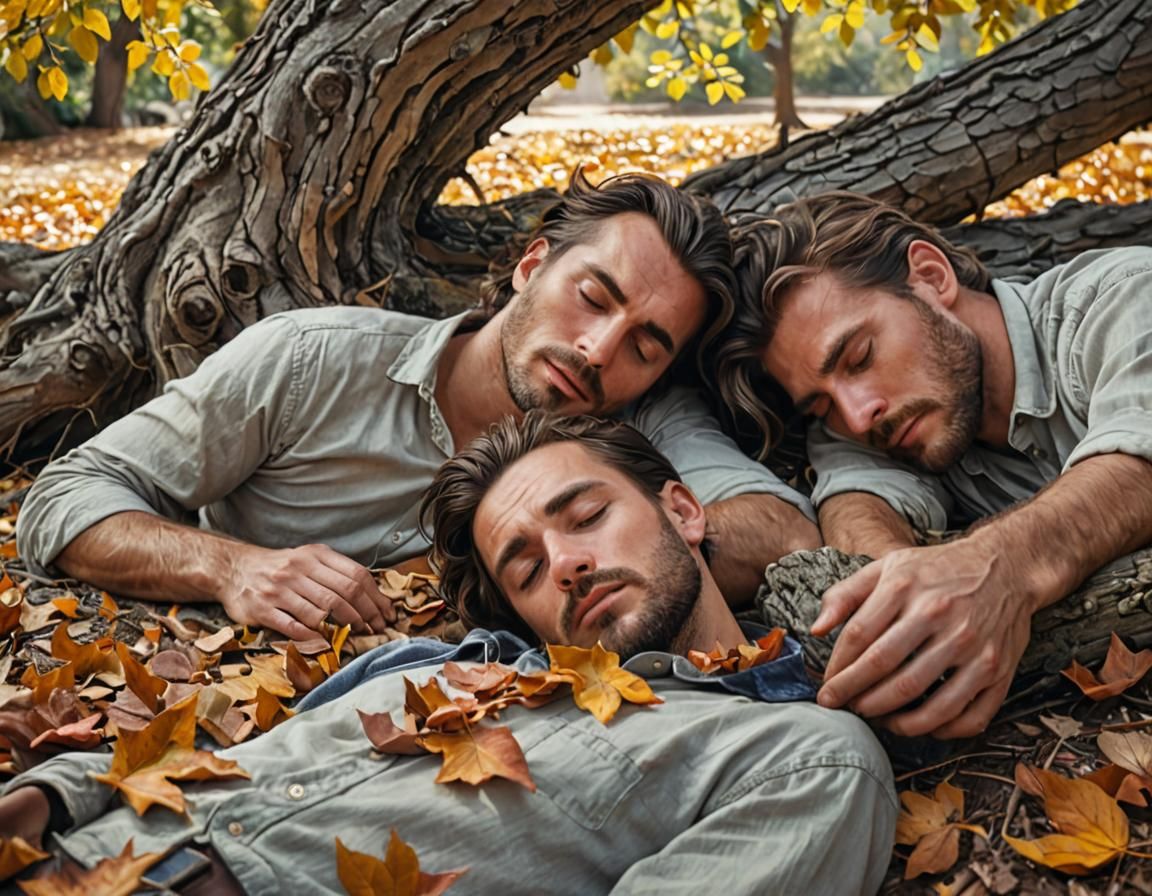 Handsome Men Sleeping Under Tree in Hyper-Realism