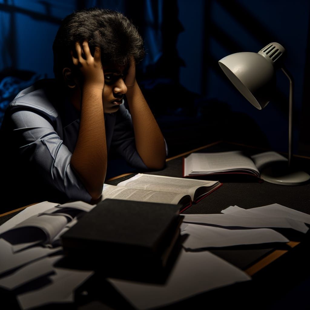 Stressed South Asian Student Studying Late at Night
