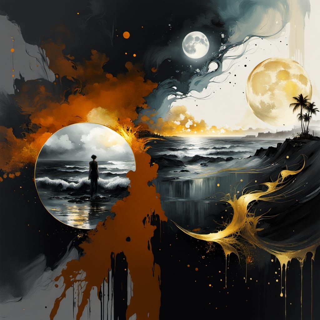 Golden Beach Eclipse with Misty Moonlight